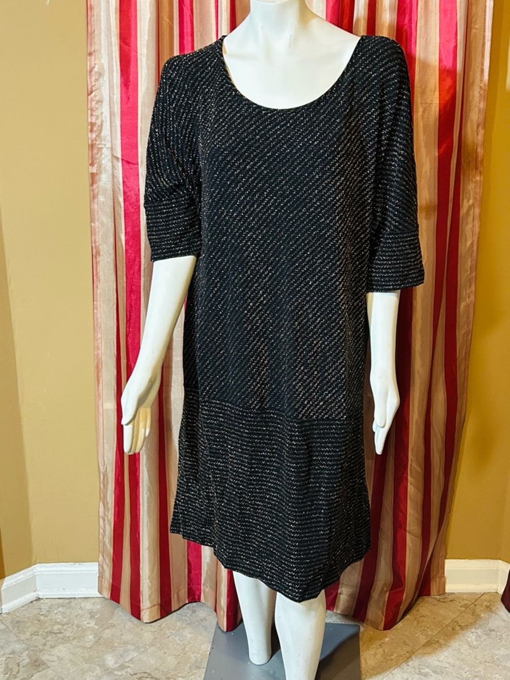 Cato Black and Gold Knit Scoop Neck Midi Dress
